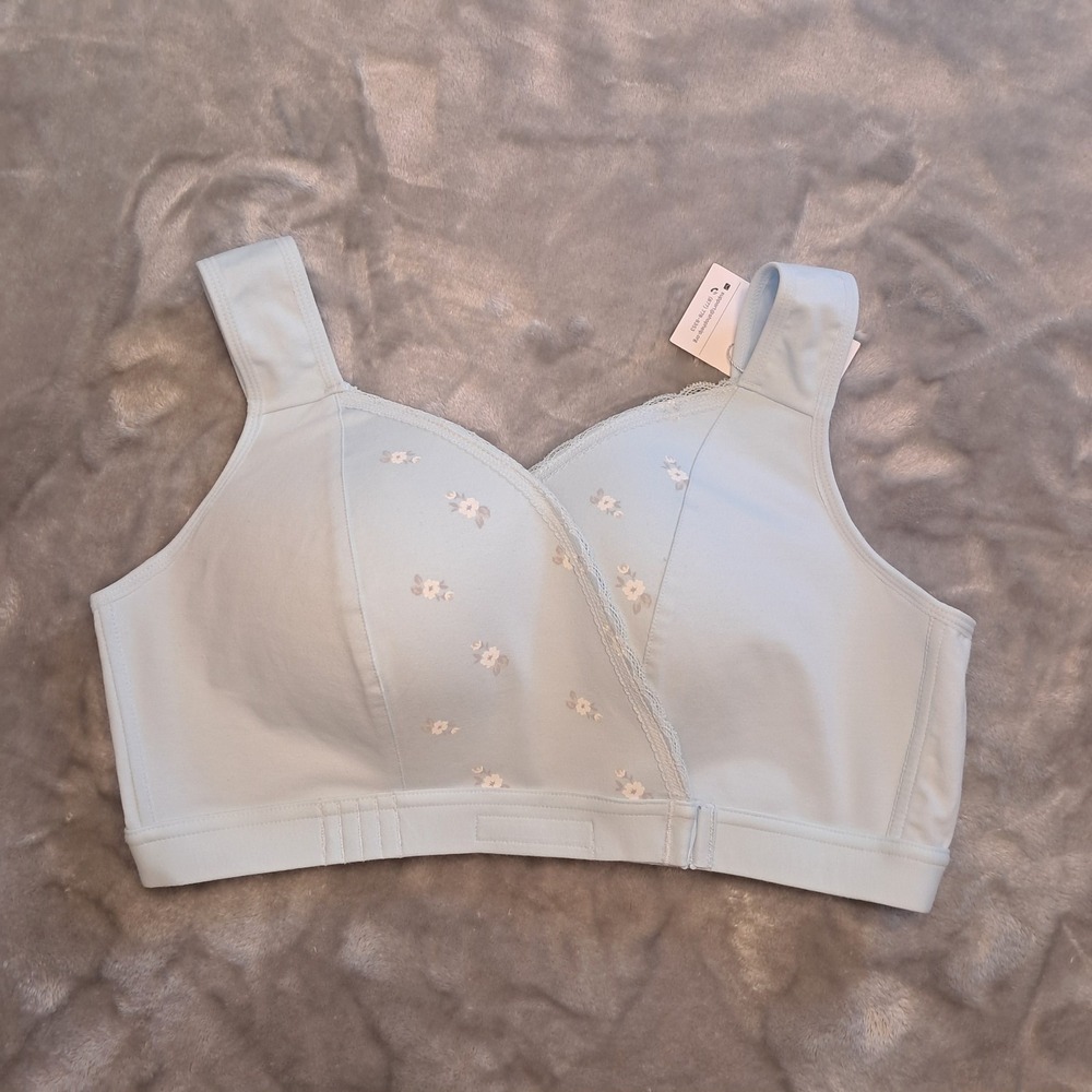 Fiona Bra Wireless Front Wrap Closure Wide Strap Blue Floral Comfort  3XL NWT